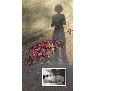 Foto vertical da sombra de uma mulher de pé, projetada sobre uma parede cinza chapiscada e um chão de cimento. No chão, no centro da foto, há um ajuntamento de flores e folhas secas. As flores são mais numerosas e têm tom vivo, entre o vinho e o rosa. Há sol nos dois terços de cima da foto; no terço de baixo foi colada uma pequena foto antiga em preto e branco. Ela mostra uma banheirinha de bebê com um recém-nascido sendo banhado por uma jovem de vestido claro e faixa clara no cabelo; essa pessoa aparece apenas parcialmente e não se vê seu rosto.(Esta é a última imagem da série.)