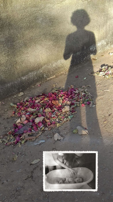 Foto vertical da sombra de uma mulher de pé, projetada sobre uma parede cinza chapiscada e um chão de cimento. No chão, no centro da foto, há um ajuntamento de flores e folhas secas. As flores são mais numerosas e têm tom vivo, entre o vinho e o rosa. Há sol nos dois terços de cima da foto; no terço de baixo foi colada uma pequena foto antiga em preto e branco. Ela mostra uma banheirinha de bebê com um recém-nascido sendo banhado por uma jovem de vestido claro e faixa clara no cabelo; essa pessoa aparece apenas parcialmente e não se vê seu rosto.(Esta é a última imagem da série.)