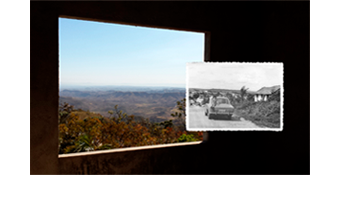 Série de 9 colagens digitais. Foto horizontal de uma janela sem vidro, vista de dentro de uma construção. A parede é de cimento e está bem escura, quase preta. A janela está em perspectiva, da esquerda para direita. Lá fora vê-se uma bonita paisagem, com o cerrado em tons de marrom e verde, e morros que vão ficando azuis até sumirem no horizonte azul claro. A janela ocupa dois terços da foto, à esquerda. No terço à direita está colada uma foto menor, antiga, horizontal, em preto e branco, mostrando uma estrada de terra em perspectiva, um carro (corcel anos 70) e uma criança sentada no capô de trás. Vê-se uma casinha ao lado e uma pequena cidade ao longe. A foto menor está ligeiramente sobre a maior, e as linhas do horizonte das duas coincidem.