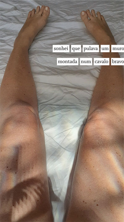 Foto vertical colorida mostrando duas pernas nuas sobre um lençol branco amarrotado, dos pés (acima) até o alto das coxas (abaixo), ocupando toda a imagem. Os pés estão separados e um pouco inclinados para dentro. A luz do sol bate nos joelhos e coxas, fazendo algumas sombras. Na parte de cima, à direita, na altura do calcanhar e do tornozelo, está colada uma frase em duas faixas brancas: sonhei que pulava um muro / montada num cavalo bravo