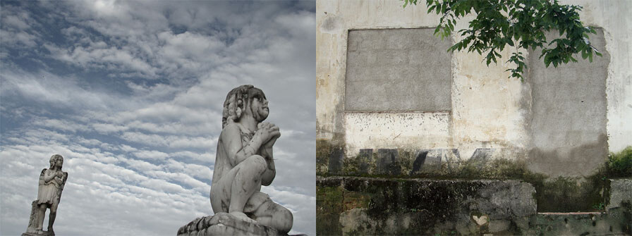A foto da direita mostra uma fachada branca com a metade de baixo escurecida pelo tempo e pela umidade, preta e esverdeada. Há uma janela e uma porta fechadas com tijolos cobertos por cimento. No alto, parcialmente sobre a porta, há um galho de árvore com folhas verdes.  A foto da esquerda mostra duas estátuas de cemitério contra um céu cheio de nuvens, em tons suaves de branco, cinza e azul. A mais próxima, no lado direito, é de uma criança ajoelhada, rezando, em meio perfil. A outra, mais ao longe à esquerda, é muito parecida com a primeira, mas está de pé e parece ser um anjo com as asas fechadas. As estátuas são cinzentas e têm fortes manchas escuras feitas pelo tempo.