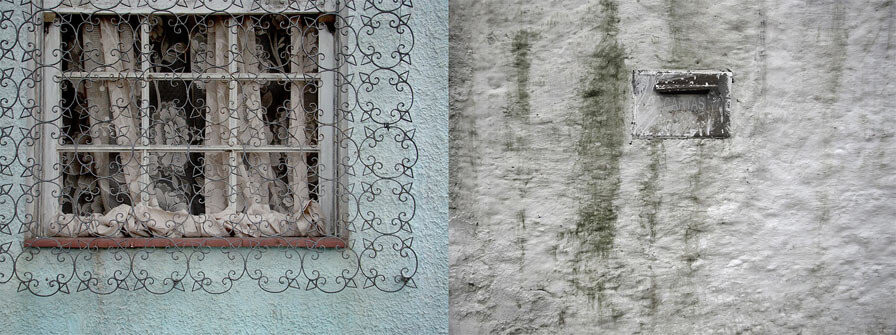 A foto da direita mostra uma parede branca e antiga, que parece ter sido alisada à mão, com manchas de limo verde-escuro e uma pequena e velha caixa embutida onde se lê: cartas. A da esquerda mostra uma janela antiga de vidro e madeira, com cortina branca de renda de flores, escurecida pelo tempo, e uma grade de ferro com desenhos delicados que lembram flores. A parede é verde azulada, com pintura velha e desbotada.