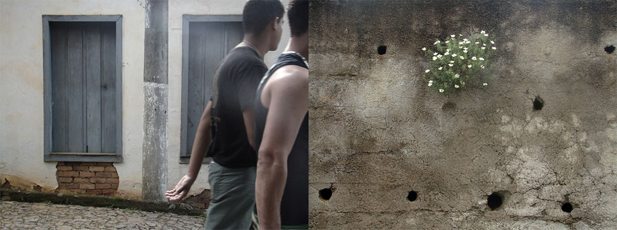 A foto da direita mostra uma parede de cimento com sete buracos pretos espalhados irregularmente. No centro da parte de cima há uma planta que parece ter crescido num oitavo buraco; ela tem ramos verdes e dezenas de florzinhas brancas. A foto da esquerda mostra a uma fachada branca com duas janelas cinza, de tábuas e estão fechadas. A pintura descascada deixa ver, sob as janelas, uma parede antiga de tijolos maciços. Há um poste de concreto entre as janelas. No lado direito, de cima a baixo, vê-se dois homens saindo do quadro, meio de lado e meio de costas; estão com camiseta preta e calça cinza, e não é possível ver seus rostos. Eles parecem bater contra a foto da direita.(Esta é a última imagem da série.)