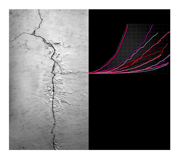 Colagem digital em formato quadrado com margens brancas. Na metade da esquerda, uma foto vertical em preto e branco mostra uma grande e funda rachadura numa parede branca e cinza, muito arranhada e deteriorada. A rachadura atravessa toda a foto no sentido vertical e se ramifica para os lados. Na metade direita da imagem está um gráfico sobre fundo preto, com dez curvas irregulares e ascendentes, nas cores vermelho, roxo, rosa, cinza e branco. O gráfico ocupa a metade de cima do fundo preto e parece partir de das ramificações da rachadura da foto ao lado.
