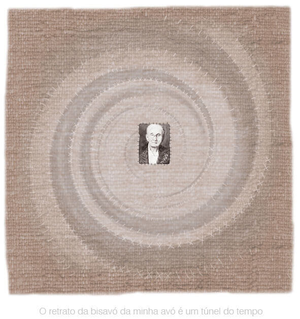 Imagem quadrada sobre fundo branco, em tons de marrom. No centro há uma foto bem pequena, sépia, mostrando o rosto de uma velhinha de óculos redondos e cabelos brancos, olhando séria para a câmera. Ela está no centro de uma espécie de redemoinho redondo, em forma de espiral, em tons claros e escuros de marrom. Esse redemoinho está colado, em transparência, sobre uma superfície de tecido rústico, marrom avermelhado, de fios grossos tecidos em tear. As faixas de diferentes tons do redemoinho parecem ter sido costuradas por pequenas linhas desenhadas em branco, imitando uma costura descuidada, que também está em transparência. Embaixo lê-se, em letras cinza claro sobre o fundo branco: O retrato da bisavó da minha avó é um túnel do tempo.