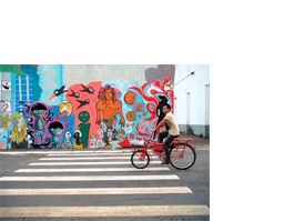 Foto horizontal de uma rua de asfalto com uma faixa de pedreste branca enquadrada de frente. Um homem está passando de bicicleta, da direita para a esquerda. Do outro lado da rua há uma calçada e junto a ela uma parede coberta por pinturas coloridas de vários artistas, em cores vivas, mostrando vinte pessoas bem diferentes umas das outras, alguns pássaros e um fundo com cores e formas diversas.