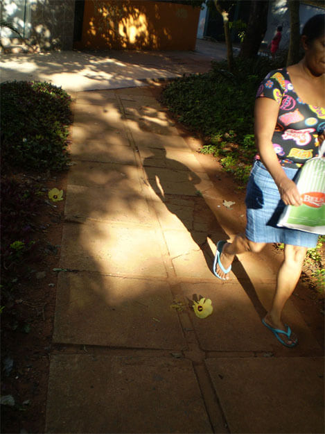 Foto vertical de uma mulher passando na rua, com a metade da cabeça e parte do corpo cortados pela margem direita. Ela usa saia jeans, havaianas e blusa estampada colorida, e carrega uma sacola de plástico. Está vindo por uma calçada que aparece em perspectiva ao longo da foto, começando em outra calçada onde se vê um pedaço de um prédio. Há muitas sombras de árvores em toda a imagem, quase pretas, e pequenas manchas de luz do sol. Duas grandes flores amarelas estão sobre a calçada, uma perto do pé da mulher, outra um pouco mais longe.